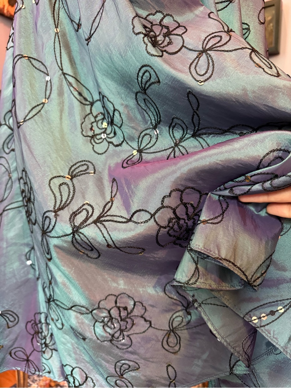 Vtg  S.L. Fashions Iridescent Sage Green, Purple, And Blue Floral V Neck Dress - Picture 2 of 8